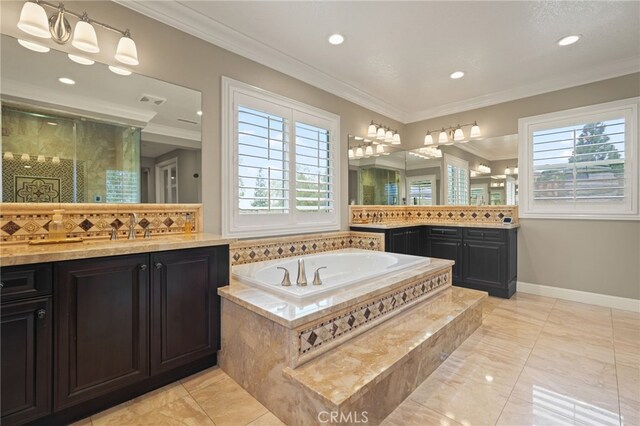 bathroom with plenty of natural light, a stall shower, a garden tub, decorative backsplash, and recessed lighting
