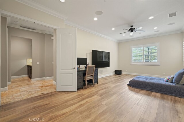 bedroom featuring recessed lighting, a desk, light wood-type flooring, baseboards, and crown molding