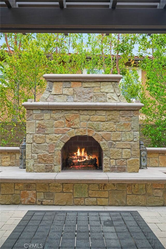 detailed view of an outdoor stone fireplace