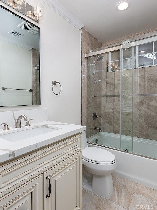 81 N Grand Oaks Ave Unit 102, Pasadena, CA 91107 - full bath with ornamental molding, toilet, shower / bath combination with glass door, vanity, and marble look tiles