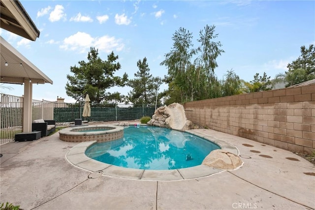 11874 Grayhawk Cir, Yucaipa, CA 92399 - view of pool featuring a fenced backyard, a patio area, and a pool with connected hot tub