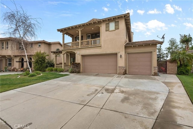 11874 Grayhawk Cir, Yucaipa, CA 92399 - view of front of property with a balcony, stucco siding, a garage, concrete driveway, and a tiled roof
