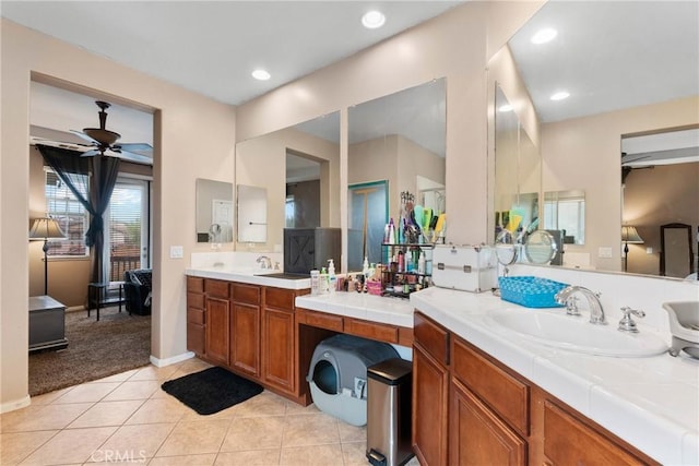 11874 Grayhawk Cir, Yucaipa, CA 92399 - ensuite bathroom featuring a ceiling fan, tile patterned flooring, two vanities, and recessed lighting