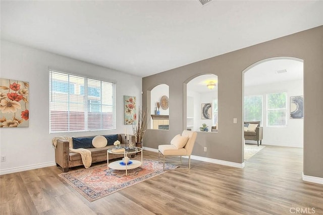 37089 Meadow Brook Way, Beaumont, CA 92223 - living area featuring arched walkways, light wood-style flooring, and baseboards