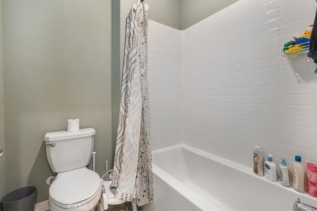 full bath featuring toilet and shower / bath combination with curtain