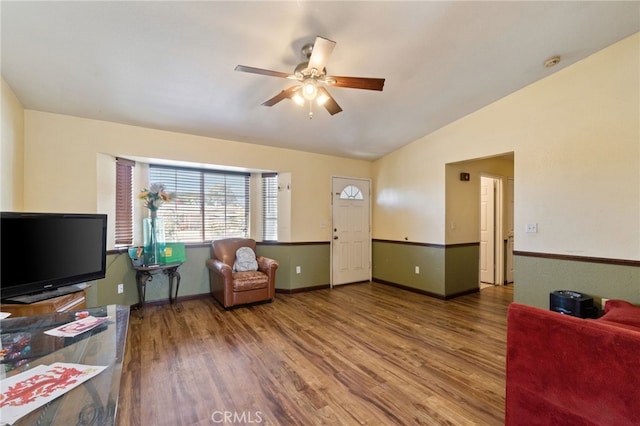1451 Segovia Ct, Madera, CA 93638 - living area with ceiling fan, wood finished floors, and lofted ceiling