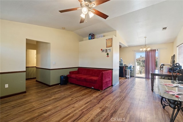 1451 Segovia Ct, Madera, CA 93638 - living area with wood finished floors, lofted ceiling, a chandelier, ceiling fan, and baseboards