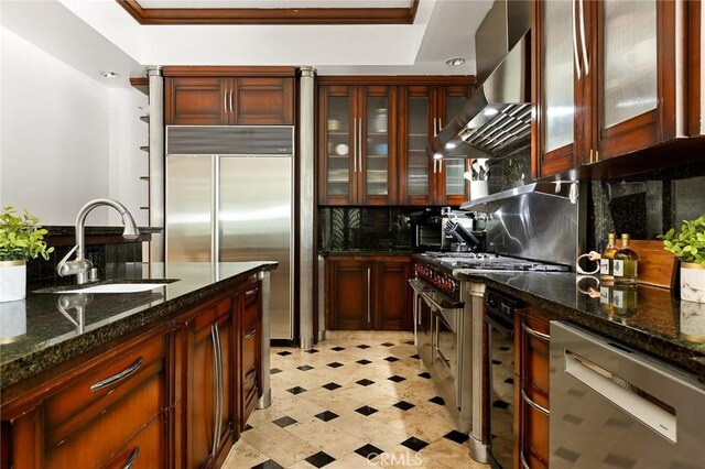 kitchen with high quality appliances, range hood, a sink, backsplash, and dark stone countertops