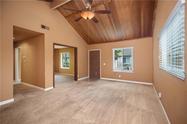 22951 Caminito Viento, Laguna Hills, CA 92653 - unfurnished room featuring light carpet, wood ceiling, a ceiling fan, high vaulted ceiling, and beam ceiling