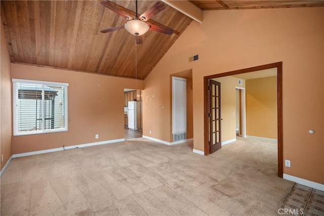 22951 Caminito Viento, Laguna Hills, CA 92653 - unfurnished room featuring wood ceiling, a ceiling fan, light carpet, high vaulted ceiling, and baseboards