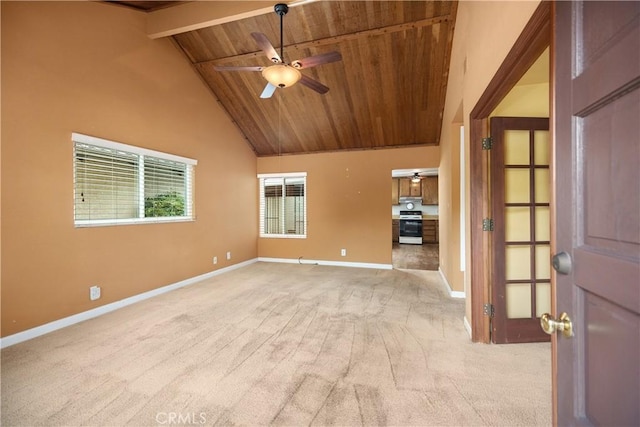 22951 Caminito Viento, Laguna Hills, CA 92653 - unfurnished room with wooden ceiling, baseboards, light colored carpet, ceiling fan, and beamed ceiling