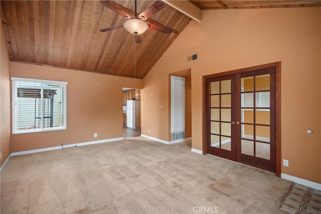 22951 Caminito Viento, Laguna Hills, CA 92653 - carpeted empty room with french doors, wooden ceiling, a ceiling fan, baseboards, and high vaulted ceiling
