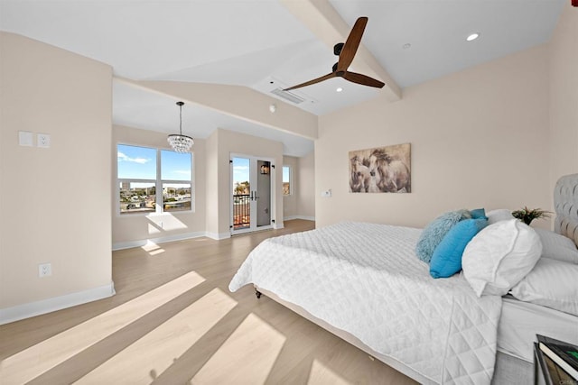 bedroom featuring light wood-type flooring, lofted ceiling, a ceiling fan, and baseboards