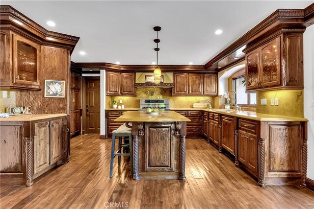 kitchen with stove, a sink, custom exhaust hood, light countertops, and glass insert cabinets