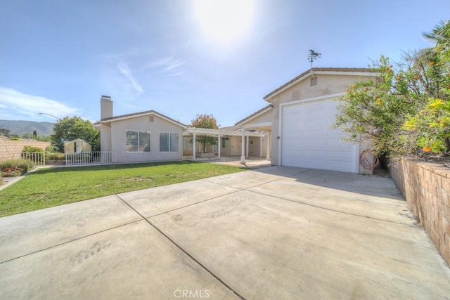 42133 Wagon Wheel Ln, Murrieta, CA 92562 - single story home with driveway, a pergola, stucco siding, an attached garage, and a chimney