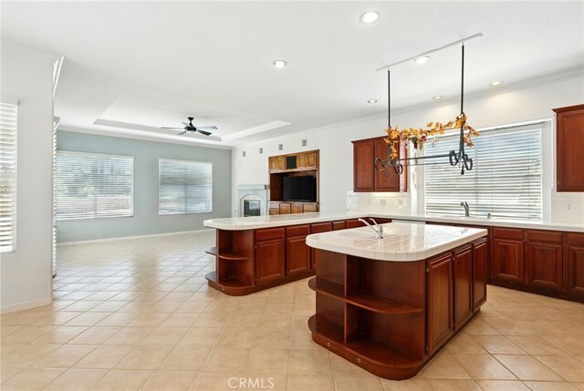 42133 Wagon Wheel Ln, Murrieta, CA 92562 - kitchen with open shelves, open floor plan, light countertops, light tile patterned flooring, and recessed lighting