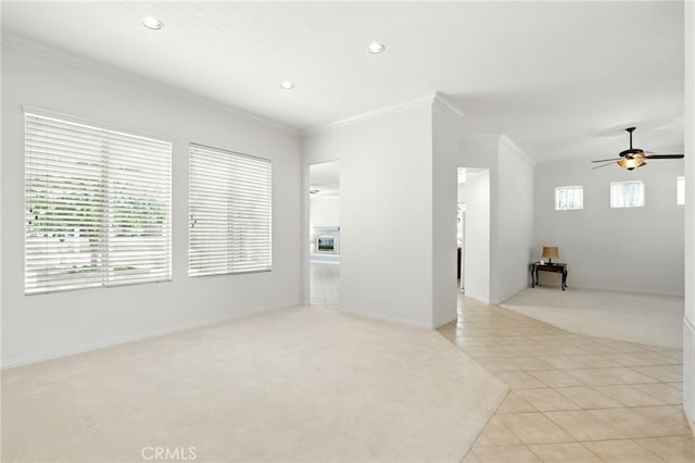 42133 Wagon Wheel Ln, Murrieta, CA 92562 - unfurnished living room featuring crown molding, light carpet, recessed lighting, ceiling fan, and light tile patterned floors