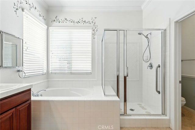 42133 Wagon Wheel Ln, Murrieta, CA 92562 - bathroom with a garden tub, a stall shower, vanity, and ornamental molding