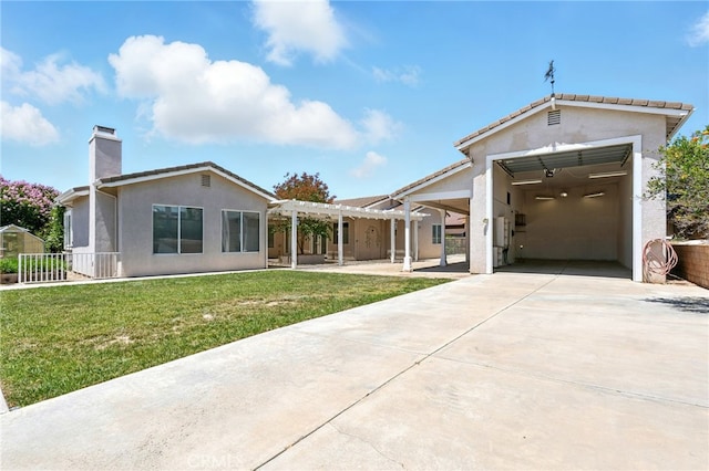 42133 Wagon Wheel Ln, Murrieta, CA 92562 - rear view of house featuring stucco siding, a pergola, a chimney, concrete driveway, and an outbuilding