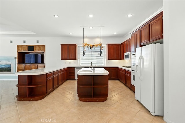 42133 Wagon Wheel Ln, Murrieta, CA 92562 - kitchen with open shelves, white appliances, light countertops, recessed lighting, and ornamental molding
