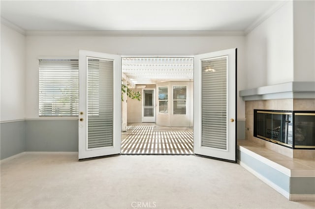 42133 Wagon Wheel Ln, Murrieta, CA 92562 - interior space with carpet, crown molding, and a tile fireplace