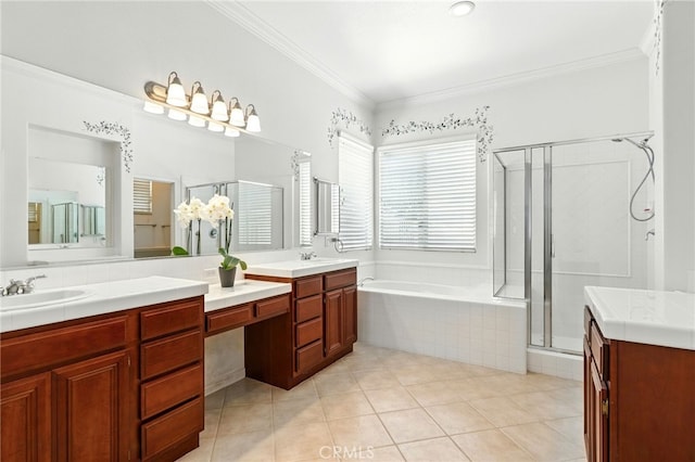 42133 Wagon Wheel Ln, Murrieta, CA 92562 - full bath with two vanities, a shower stall, a garden tub, tile patterned floors, and ornamental molding