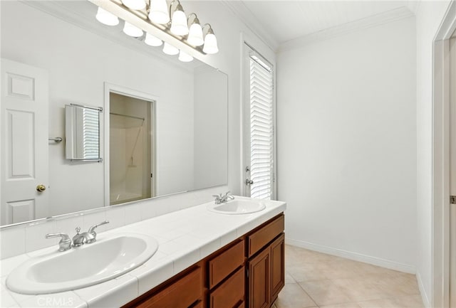 42133 Wagon Wheel Ln, Murrieta, CA 92562 - full bath with double vanity, a shower, crown molding, and tile patterned floors