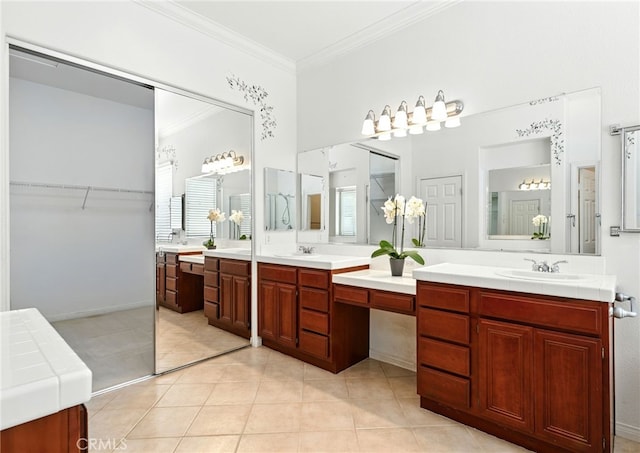 42133 Wagon Wheel Ln, Murrieta, CA 92562 - full bathroom with ornamental molding, double vanity, and tile patterned flooring