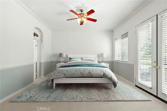 42133 Wagon Wheel Ln, Murrieta, CA 92562 - carpeted bedroom with crown molding, access to outside, and ceiling fan