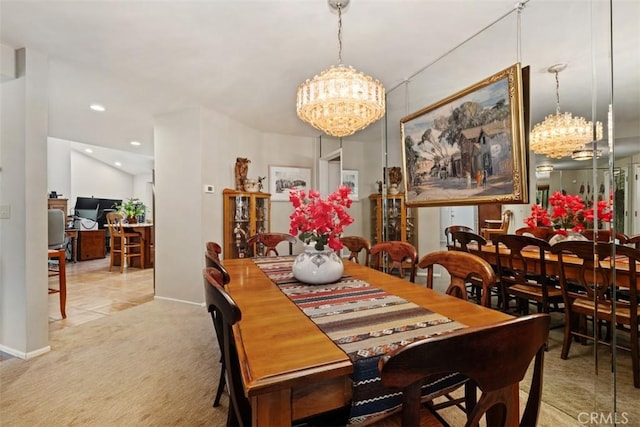 dining space featuring a chandelier, carpet floors, baseboards, and recessed lighting