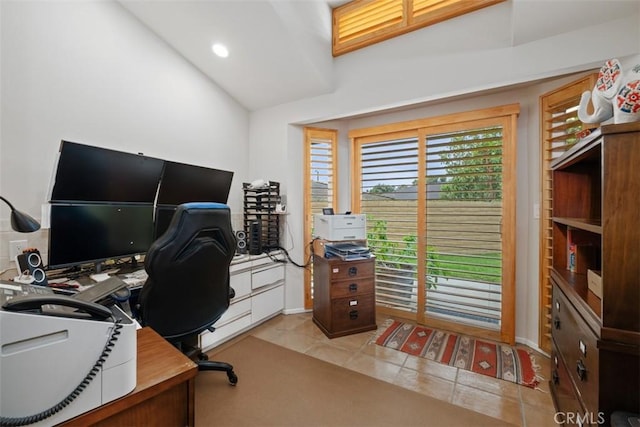 14321 Mimosa Ln, Tustin, CA 92780 - office area featuring tile patterned floors and vaulted ceiling