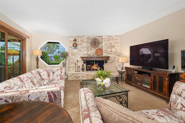 14321 Mimosa Ln, Tustin, CA 92780 - carpeted living area featuring a stone fireplace