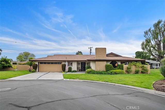 single story home with a garage, driveway, stucco siding, and a chimney