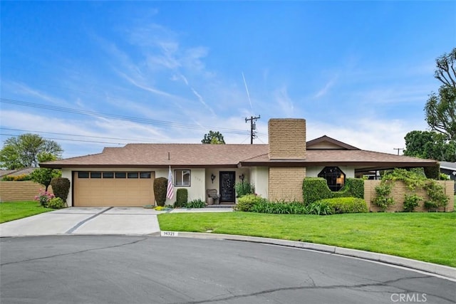 14321 Mimosa Ln, Tustin, CA 92780 - ranch-style house with an attached garage, concrete driveway, stucco siding, a chimney, and a shingled roof