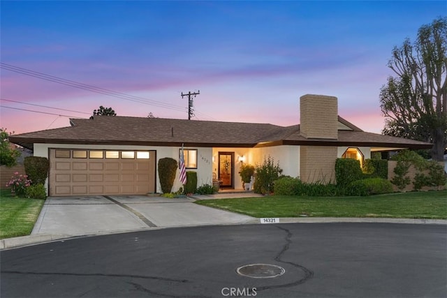 14321 Mimosa Ln, Tustin, CA 92780 - single story home featuring an attached garage, concrete driveway, a front yard, a chimney, and stucco siding