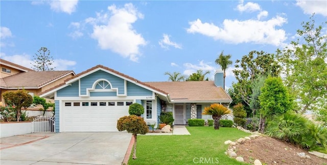 single story home with a tile roof, driveway, a garage, a chimney, and a gate