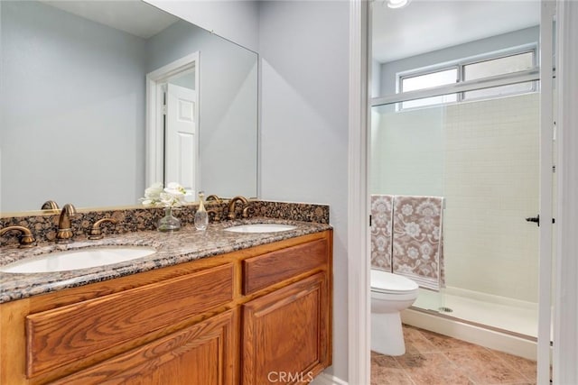 6199 Cabernet Pl, Rancho Cucamonga, CA 91737 - bathroom featuring a stall shower, toilet, double vanity, and tile patterned flooring