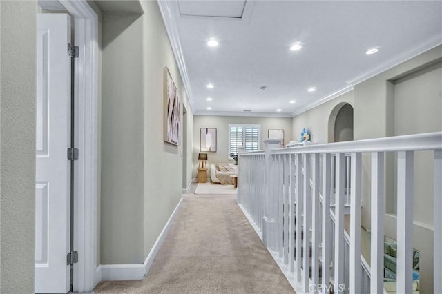 135 Bridle Path, Irvine, CA 92602 - hall with crown molding, baseboards, carpet floors, and recessed lighting