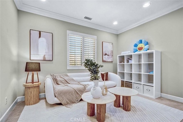 135 Bridle Path, Irvine, CA 92602 - living area with baseboards, crown molding, carpet floors, and recessed lighting