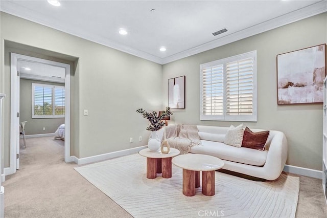 135 Bridle Path, Irvine, CA 92602 - living area with ornamental molding, light colored carpet, baseboards, and recessed lighting