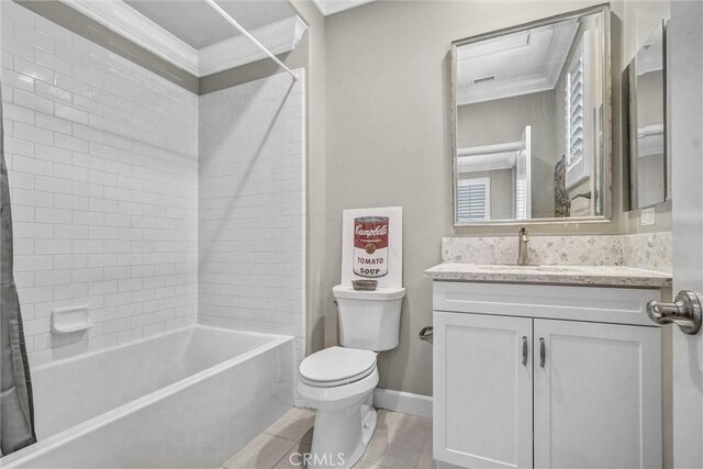 135 Bridle Path, Irvine, CA 92602 - bathroom with ornamental molding, toilet, shower / bath combo, vanity, and baseboards