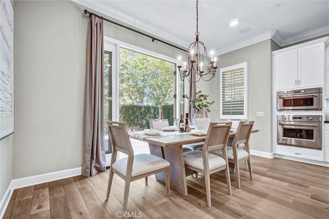 135 Bridle Path, Irvine, CA 92602 - dining room with a chandelier, ornamental molding, baseboards, light wood finished floors, and recessed lighting