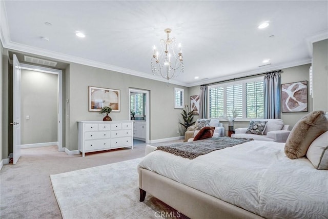 135 Bridle Path, Irvine, CA 92602 - bedroom featuring baseboards, a chandelier, crown molding, recessed lighting, and light carpet