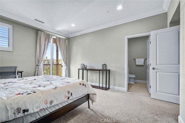 135 Bridle Path, Irvine, CA 92602 - carpeted bedroom with ornamental molding, baseboards, access to exterior, connected bathroom, and recessed lighting