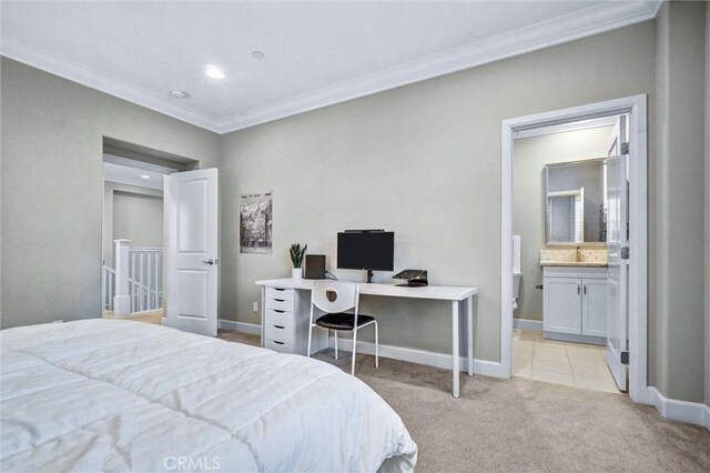 135 Bridle Path, Irvine, CA 92602 - bedroom with ornamental molding, light carpet, baseboards, and recessed lighting