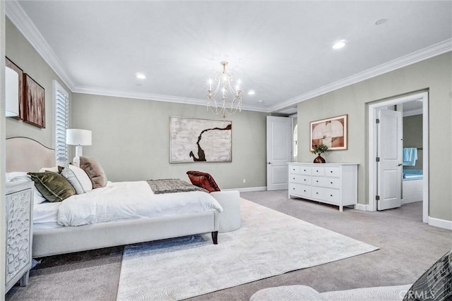 135 Bridle Path, Irvine, CA 92602 - bedroom featuring light colored carpet, baseboards, a chandelier, recessed lighting, and ornamental molding