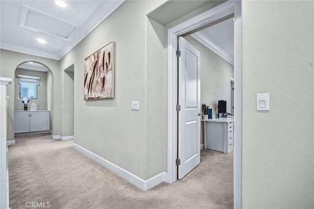 135 Bridle Path, Irvine, CA 92602 - hallway with ornamental molding, light colored carpet, baseboards, recessed lighting, and arched walkways