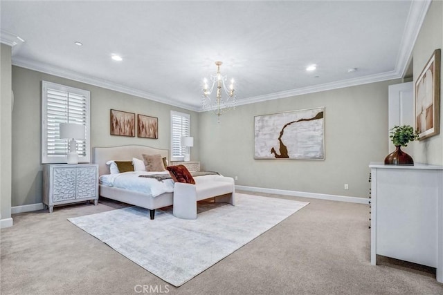 135 Bridle Path, Irvine, CA 92602 - bedroom featuring light carpet, crown molding, baseboards, a chandelier, and recessed lighting