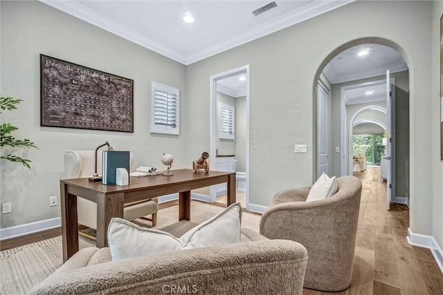 135 Bridle Path, Irvine, CA 92602 - office space with arched walkways, crown molding, baseboards, wood finished floors, and recessed lighting