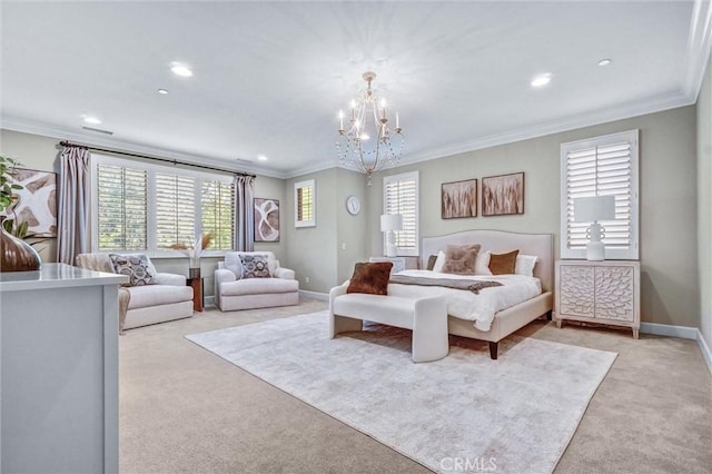 135 Bridle Path, Irvine, CA 92602 - bedroom featuring light colored carpet, ornamental molding, a chandelier, recessed lighting, and baseboards